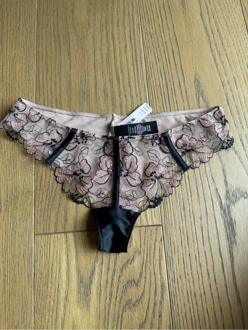 NWT Victoria's Secret Sheer Floral Lace Cheeky Panty in Blush and Black